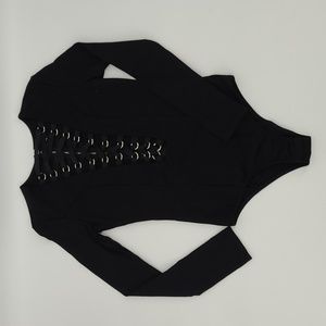 Sexy NUDE Black bodycon Plunging Neckline Crisscrossed lace up Bodysuit Womens S
